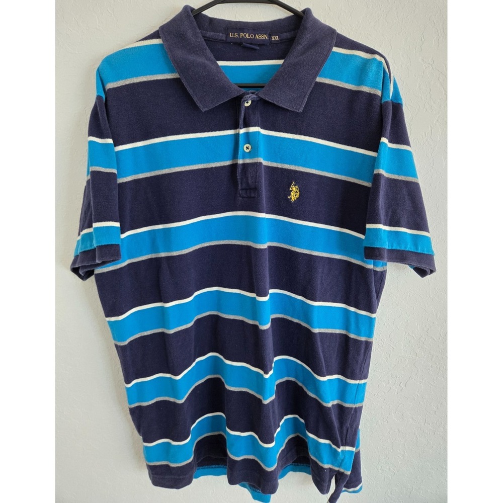 US Polo Assn Shirt Mens Size 2XL Blue Stripe Designer Polo Shirt